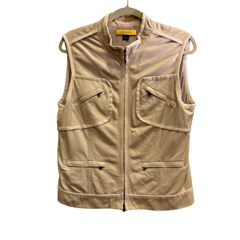 St. John Women’s Off White Sporty Buttery Soft Leather Zippered Vest Sz 10